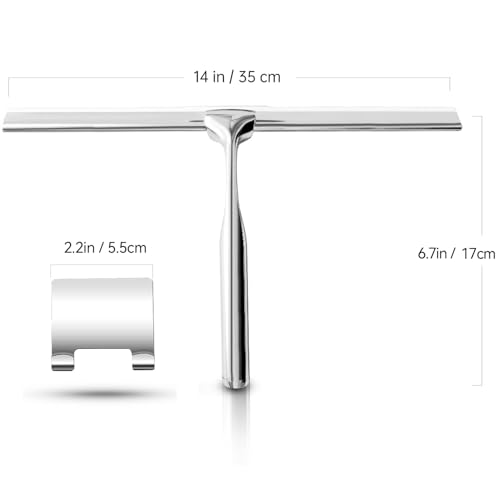 Shower Squeegees Stainless Steel with Self Adhesive Hook Window Squeegees for Shower Doors Bathroom Mirror Wiper, Window Glass Cleaning - size: 14 Inches