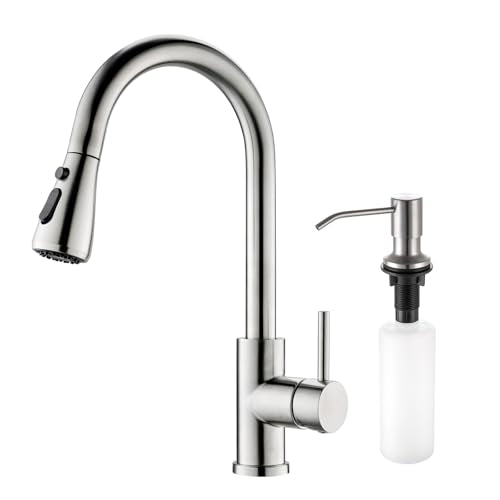 Kitchen Sink Faucet with Soap Dispenser, 3 Modes Kitchen Faucet with Pull Down Sprayer and Soap Dispenser, 304 Stainless Brushed Nickel Single Handle Kitchen Bar Faucets with Water Lines - color: Brushed Nickel Transitional, size: 15.2 Inches