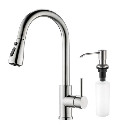 Kitchen Sink Faucet with Soap Dispenser, 3 Modes Kitchen Faucet with Pull Down Sprayer and Soap Dispenser, 304 Stainless Brushed Nickel Single Handle Kitchen Bar Faucets with Water Lines - color: Brushed Nickel Transitional, size: 15.2 Inches