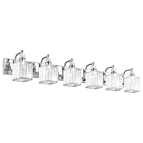 Ralbay Crystal Vanity Light 6 Light 48''Modern Chrome Bathroom Vanity Lighting Over Long Mirror Crystal Bathroom Wall Lighting Fixtures - color: Square-Chrome, size: 48 inch