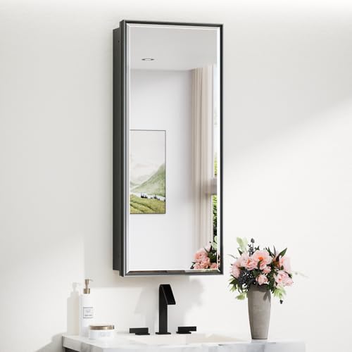 TokeShimi 15 x 36 Bathroom Medicine Cabinet Mirrored Beveled, Recessed Medicine Cabinet with Mirror for Wall, Aluminum Framed Metal Black Mirror with Storage Adjustable - color: Black, size: 15x36 IN
