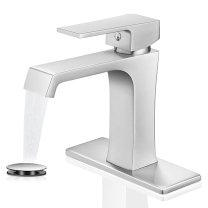 Waterfall Bathroom Faucet Brushed Nickel Bathroom Sink Faucet, Modern Single Hole Bathroom Faucet, Single Handle RV Sink Vanity Faucet—Includes Pop-Up Drain, Suitable for 1-Hole or 3-Hole - color: Brushed Nickel