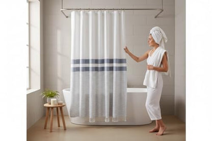 Striped Cotton Blend Shower Curtain with Fringe, Luxury Jacquard Fabric, Machine Washable, 72x72 Inch, Seabreeze - color: Seabreeze