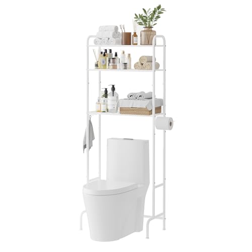 STDDRE 3-Tier Over The Toilet Storage Space Saver with Paper Holder Freestanding Rack Metal Bathroom Shelves with Hooks Above The Toilet Storage Shelf (White, 3 Tier) - color: White