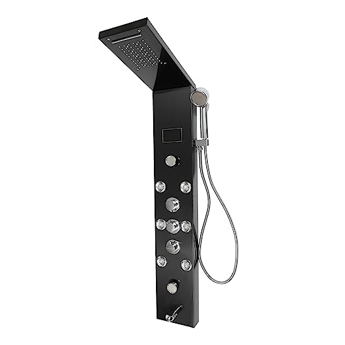 Black LED Shower Panel Tower System with 8 Massage Body Jets, Stainless Steel 6 IN 1 Shower Tower with Rainfall Waterfall Shower Head and Handheld, Multi-Function Bathroom Shower Panel