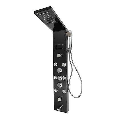 Black LED Shower Panel Tower System with 8 Massage Body Jets, Stainless Steel 6 IN 1 Shower Tower with Rainfall Waterfall Shower Head and Handheld, Multi-Function Bathroom Shower Panel
