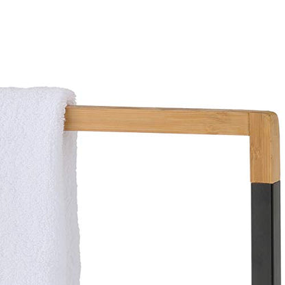 MyGift 33 Inch Free Standing Towel Rack for Bathroom, Freestanding Bath Towel Holder with 2 Tier Bamboo Wood Bar and Black Chrome Plated Metal, Drying Rack Stand Laundry - size: 2 Tiers
