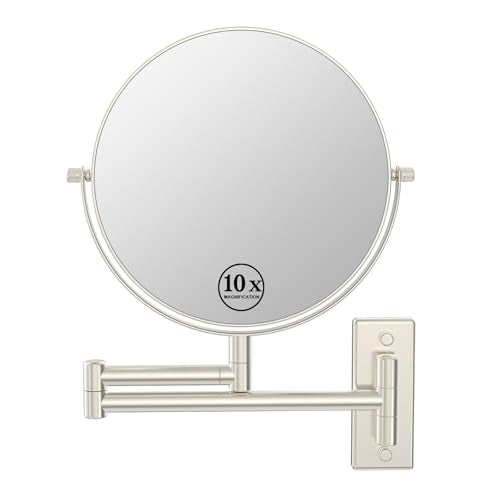 8" Wall Mount Makeup Mirror with 1X 10X Magnification, Brushed Nickel | Double-sided Wall Mounted Magnifying Mirror with Swivel Extendable Arm for Bathroom - color: Brush Nickel-no Lights