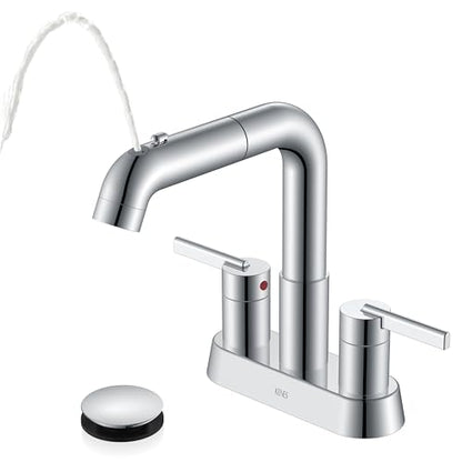 Chrome Centerset Bathroom Faucet with Pull Down Sprayer 3 Hole 4 Inch | Pull Out Bathroom Faucet with Pop Up Drain & Supply Lines, Lead-Free cUPC & NSF Certified, 4 Inch Faucet for Vanity RV Sink - color: Chrome