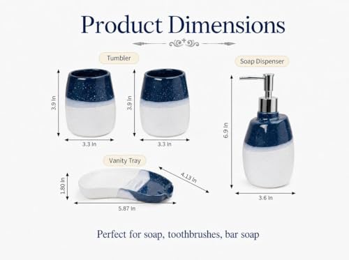 Ceramic Bathroom Accessories Set of 4 Gradient White and Blue Washing Set | Includes 2 Gargle Cups, 1 Soap Dish, 1 Lotion Dispenser, Ideal For Home Decor And Gift