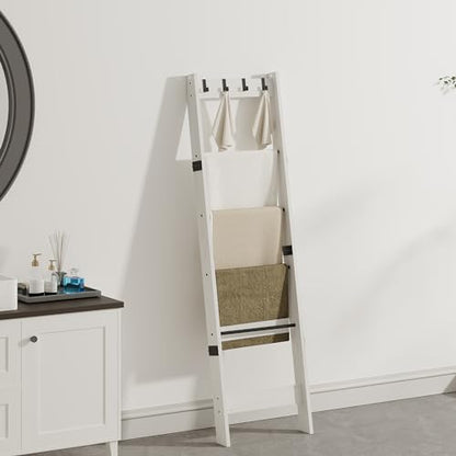TRIFEBLE 6 Tier Blanket Ladder Shelf for Living Room and Bedroom, Ladder Holder with 4 Metal Hooks, 5.2ft Blanket Quilt Holder Rack, Farmhouse Ladder Rack for Storage and Home Decor, White