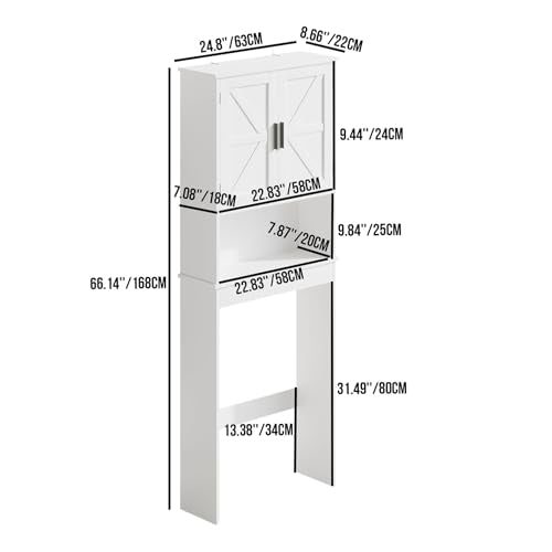 Over the Toilet Storage Cabinet with Double Doors, White Bathroom Storage Cabinets Above Toilet with Adjustable Shelf, Slim Narrow Toilet Rack for Bathroom, White (Engineered Wood)
