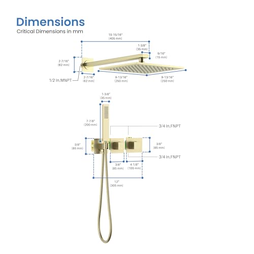 KIBI Cube Thermostatic Bathroom Shower System – 2-Function Wall Mounted Shower Set with Rough-In Valve, Modern Brushed Gold Finish, Durable Rust-Resistant Bathroom Shower Faucet Kit - color: Brushed Gold