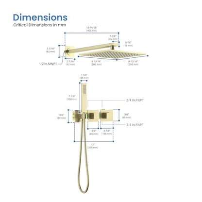 KIBI Cube Thermostatic Bathroom Shower System – 2-Function Wall Mounted Shower Set with Rough-In Valve, Modern Brushed Gold Finish, Durable Rust-Resistant Bathroom Shower Faucet Kit - color: Brushed Gold