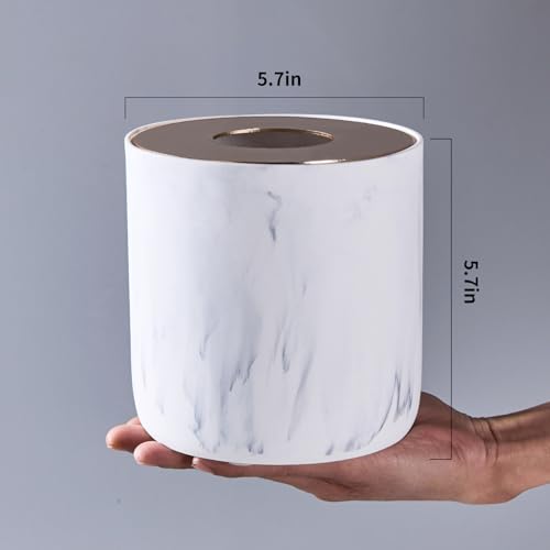 White Marble Textural Mini Trash Can with Rose Gold Stainless Steel Lid, Small Countertop Trash Can for Bathroom Kitchen,Desk Trash Can,Table top Mini Garbage Cans,Resin Tiny Waste Basket for Vanity - color: Marble White