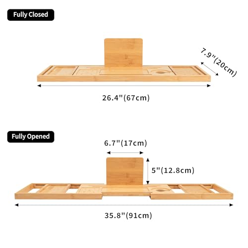Utoplike Bamboo Bathtub Tray Caddy for Tub, Bath Table Bathroom Organizer | Adjustable, with Book Tablet Stand, Wine Glass Cup, 2 Sliding Towel Holder