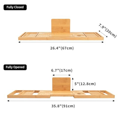 Utoplike Bamboo Bathtub Tray Caddy for Tub, Bath Table Bathroom Organizer | Adjustable, with Book Tablet Stand, Wine Glass Cup, 2 Sliding Towel Holder