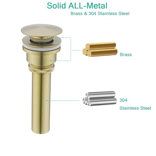 Dual Use Pop Up Drain Stopper,Bathroom Vanity Vessel Sink Stopper,Brushed Gold, for Basin With or Without Overflow hole,SE83999BG - color: Brushed Gold