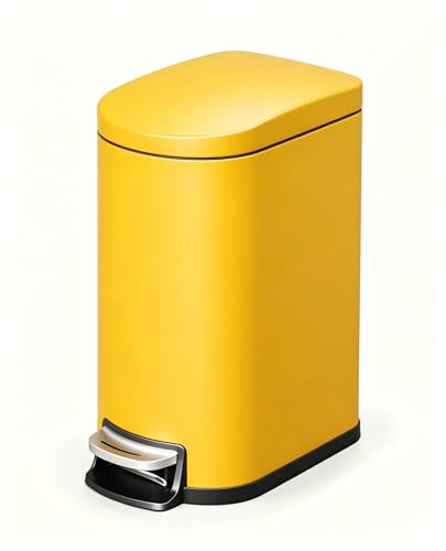 2.6 Gal / 10 L Metal Bathroom Trash Can with Lid, Slim Step-On Garbage Can with Soft Close Lid, Stainless Steel Waterproof Trash Bin for Bedroom with Inner Bucket, Rear Handle, Yellow - color: Yellow