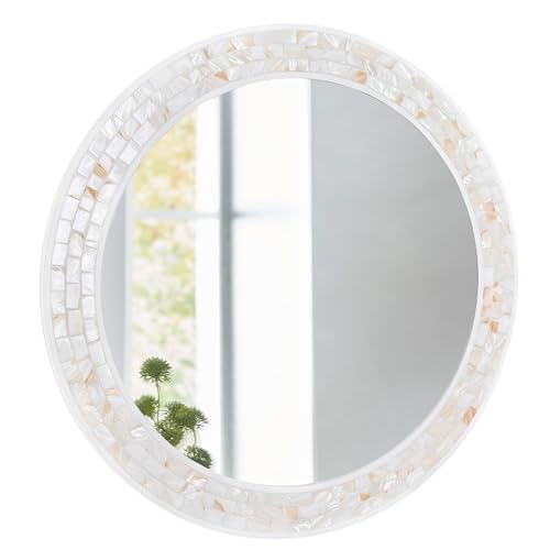 24 Inch Round Mirrors with Mosaic Frame for Wall | Natural Mother of Pearl Inlay, Coastal White Framed Circle Mirror with Tempered Glass for Bathroom, Bedroom or Entryway - size: 24"L x 24"W