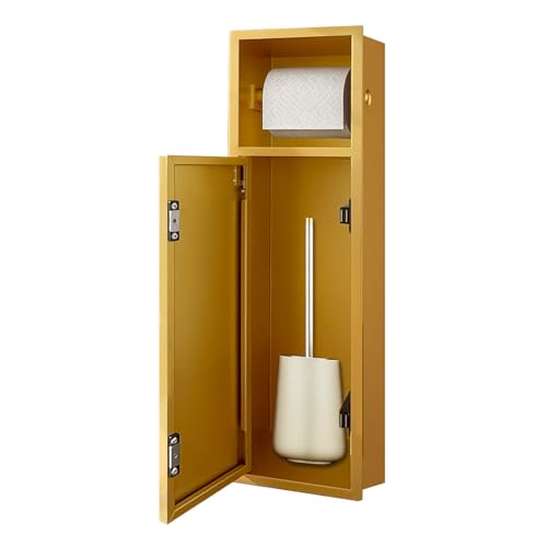 OKYSHDF in Wall Toilet Paper Holder, Only Fits 5.4"x22.7"x4.9", Gold Recessed Tissue Paper Roll Dispenser with Cabinet for Bathroom Remodel, Stainless Steel Toilet Brush Holder for Toilet Brush - color: Gold, size: 6.3"x23.6"x4.9"