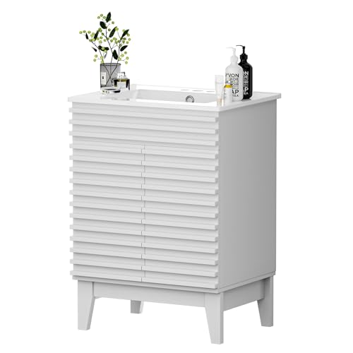 APRILSOUL 24" Bathroom Vanity with Ceramic Sink, Mid-Century Bathroom Vanity Cabinet with 2 Soft Closing Doors, Freestanding Bathroom Cabinet, Particleboard Frame with Wood Grain Laminate, White - color: White/ White Sink, size: 24 Inch