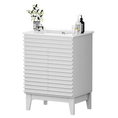 APRILSOUL 24" Bathroom Vanity with Ceramic Sink, Mid-Century Bathroom Vanity Cabinet with 2 Soft Closing Doors, Freestanding Bathroom Cabinet, Particleboard Frame with Wood Grain Laminate, White - color: White/ White Sink, size: 24 Inch