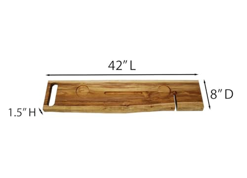 EcoDecors Eleganto 42" Live Edge Solid Teak Bath Caddy Tray with Handle, Book & Tablet Holder, Wine Glass Holders, Luxury Bathtub Tray - style: 42" Live Edge
