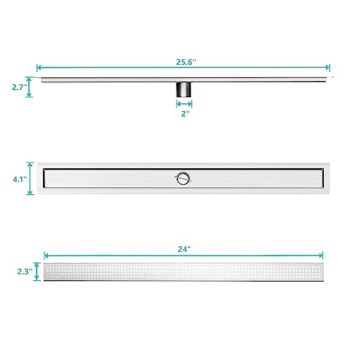 24 inch Linear Shower Drain with Square Hole Pattern Grate Cover | Brushed 304 Stainless Steel Bonding Flange Linear Drain, Low Profile Linear Shower Drain with Hair Strainer - color: 24 in, size: Quadrato Pattern