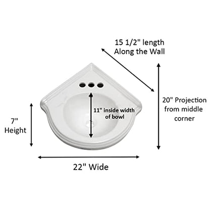 Renovators Supply Manufacturing Portsmouth 22 Inch Corner Wall Mount Bathroom Sink White Grade A Vitreous China Space Saving Floating Lavatory with Overflow 4 Inch Centerset Faucet Sink Only