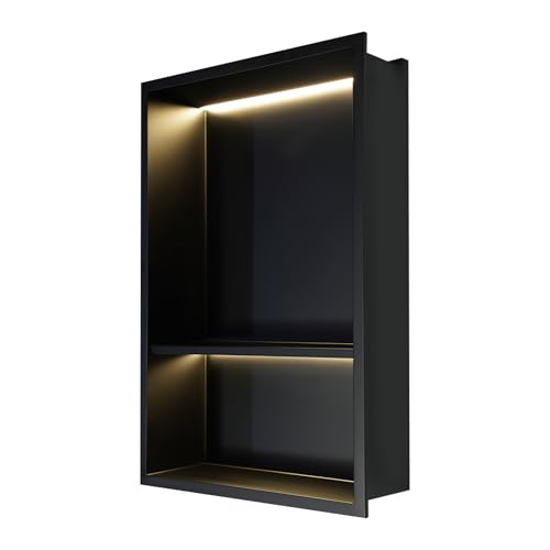 2-tier Stainless Steel Shower Niche with LED Light,12*18in Matte Black No Tile Needed Wall Vertical Niche,Embedded Wall Mount Shower Shelf for Bathroom Storage Over Mount Installation (12x18in LED) - size: 12x18in LED