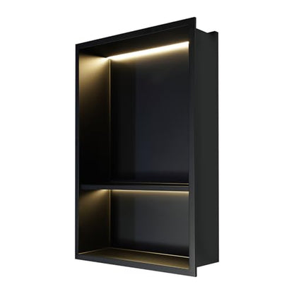 2-tier Stainless Steel Shower Niche with LED Light,12*18in Matte Black No Tile Needed Wall Vertical Niche,Embedded Wall Mount Shower Shelf for Bathroom Storage Over Mount Installation (12x18in LED) - size: 12x18in LED