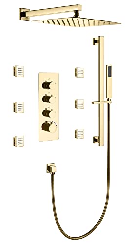 Cascada Luxury 12” Rainfall Shower set (Wall Mounted) with 4 knob thermostatic Valves & 3 functions (Rainfall, Body jets & Hand Shower) (Antique Brass) - color: Antique Brass