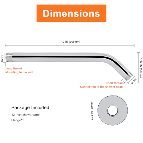 Shower Arm with Flange and Teflon Tape, Wall Mounted Shower Pipe 304 Stainless Steel Extension Arm for Fixed Shower Head & Handheld (12 Inches, Chrome) - color: Chrome, style: 12 Inch