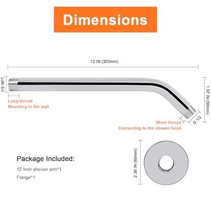 Shower Arm with Flange and Teflon Tape, Wall Mounted Shower Pipe 304 Stainless Steel Extension Arm for Fixed Shower Head & Handheld (12 Inches, Chrome) - color: Chrome, style: 12 Inch
