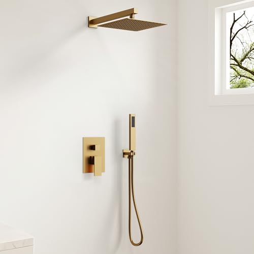 10" Shower System, Wall Mount Shower Faucet Set, Brushed Gold | Pressure-Balance Rough-In Valve Included, High Flow Square Rainhead, Stainless Steel Fixture for Bath Remodels - color: Brushed Gold
