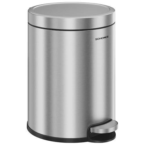 SONGMICS Bathroom Trash Can, 1.6 Gallon (6 L) Small Toilet Garbage Bin with Lid, Soft-Close, Stainless Steel, Pedal, Inner Bucket, Bedroom, Metallic Silver ULTB016EZ01 - color: Metallic Silver