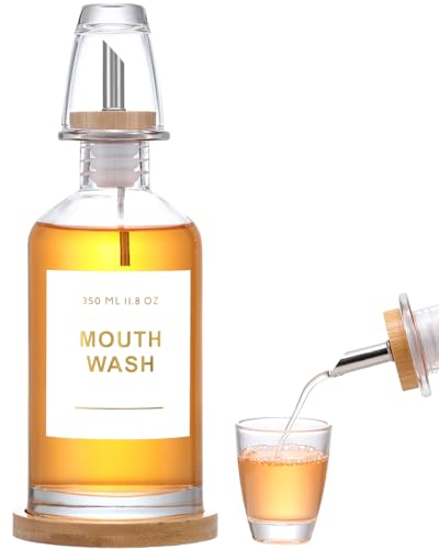 11.8OZ Glass Mouthwash Dispenser, Clear | Stainless Steel & Bamboo Nozzle, Reusable Mouthwash Cup, Bamboo Tray, Elegant Gold Sticker - color: Clear/350*1