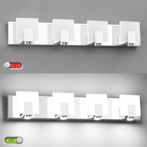SOLFART Bathroom Light Fixtures Over Mirror Chrome Dimmable LED Vanity Lights 4 Lights Stainless Steel Acrylic Shade - color: Chrome,Spotlight Model-6000K,100%-0% Dimmble Brightness, size: 4- Light,27Inch