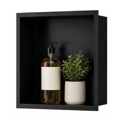 SaniteModar Stainless Steel Shower Niche Insert 12" x 12" Matte Black | No Tile Needed, Recessed Bathroom Niche, Waterproof, Space-saving, Easy Setup, Built-in Storage for Bathroom, Kitchen - color: Matte Black, size: 12" x 12", Single