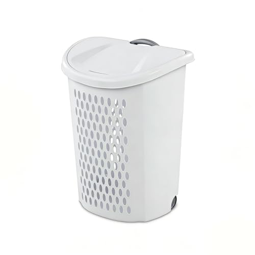 Plastic Laundry Basket, Clothes Hamper with Lid & Wheels, Dirty Clothes Hamper with Handle for Laundry room, Bathroom, Dormitory, White