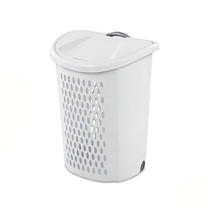 Plastic Laundry Basket, Clothes Hamper with Lid & Wheels, Dirty Clothes Hamper with Handle for Laundry room, Bathroom, Dormitory, White