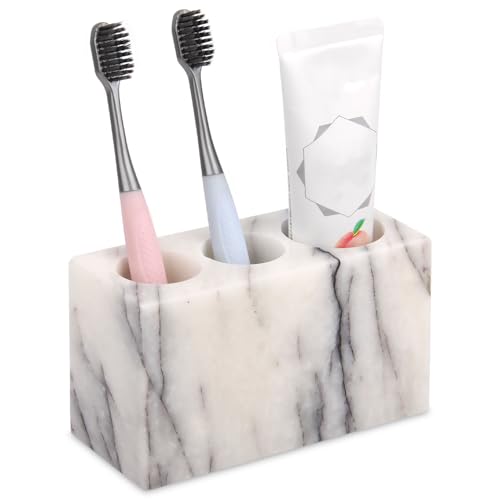 Natural Marble Toothbrush Holder, Lilac, 3 Slots | Large Bathroom Organizer Countertop, Ventilation Design, Stone Toothbrush and Toothpaste Stand, Non-Slip Silicone Pads - color: Lilac, size: 3 Slots