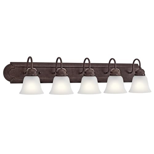 Kichler 5-Light Bathroom Vanity Light, Tannery Bronze | Damp-rated vanity light with satin etched glass (36" x 8" x 5"), 5339TZS - color: Tannery Bronze, size: 36"