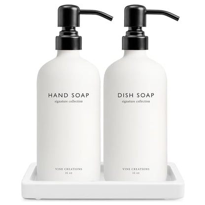 Vine Creations Glass Soap Dispenser Set, Kitchen Soap Dispenser Set with Ceramic Tray, 16 oz Dish Soap and Hand Soap Dispenser Set with Stainless Steel Pump Decor (White Bottle/Matte Black) - color: White Bottle / Matte Black Pump