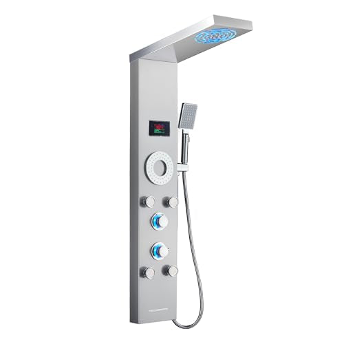 LED Shower Panel Tower System, Stainless Steel Rainfall & Mist Shower Tower, 5 Body Jets, Handheld Shower, Tub Spout and Hydroelectricity Temperature Display, Brushed Nickel - color: Brushed Nickel - 5 Body Jets