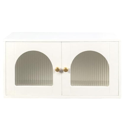 White Wall Mounted Cabinet, Glass Door Floating Bathroom Kitchen Organizer | Heavy-duty premium tempered glass panelling、Fixed internal shelves for wobble-free stability