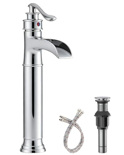 BWE Vessel Sink Faucet Chrome Polished Waterfall Spout Tall Body 1 Hole | Tall Bathroom Faucets with Pop Up Drain Assembly Without Overflow Supply Lines Lavatory Vanity Faucets Commercial - color: Chrome