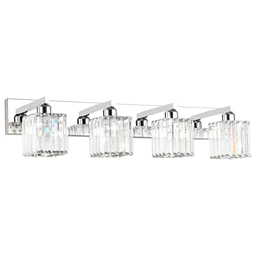 Aipsun Bathroom Light Fixtures Crystal Modern Vanity Lighting Fixtures 4 Light Chrome Bathroom Vanity Light (Exclude Bulb) - color: Chrome, size: 32 inch