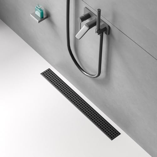 24 Inch Black Linear Shower Drain, Rectangular Shower Floor Drains with Square Hole Cover, 304 Stainless Steel Linear Drain with Leveling Feet, Hair Strainer (Matte Black) - size: 24 Inch